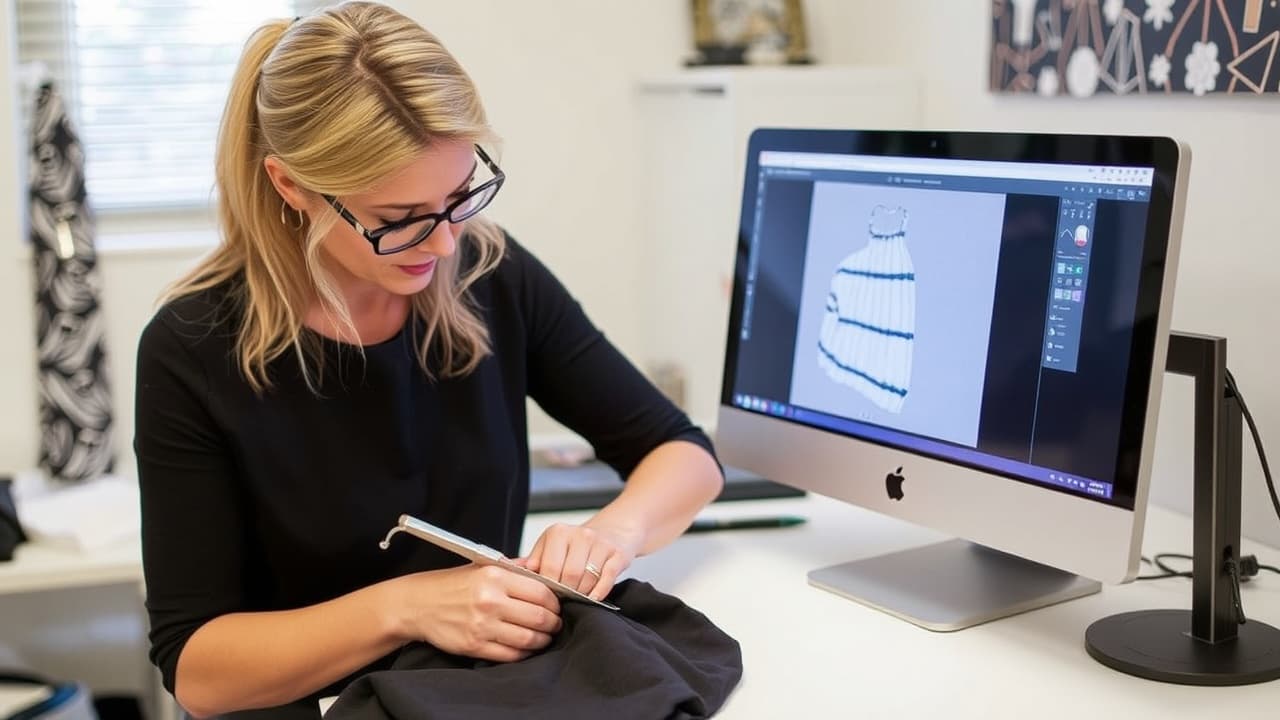 A designer is cutting fabric with scissors while a digital pattern is visible on a nearby monitor.