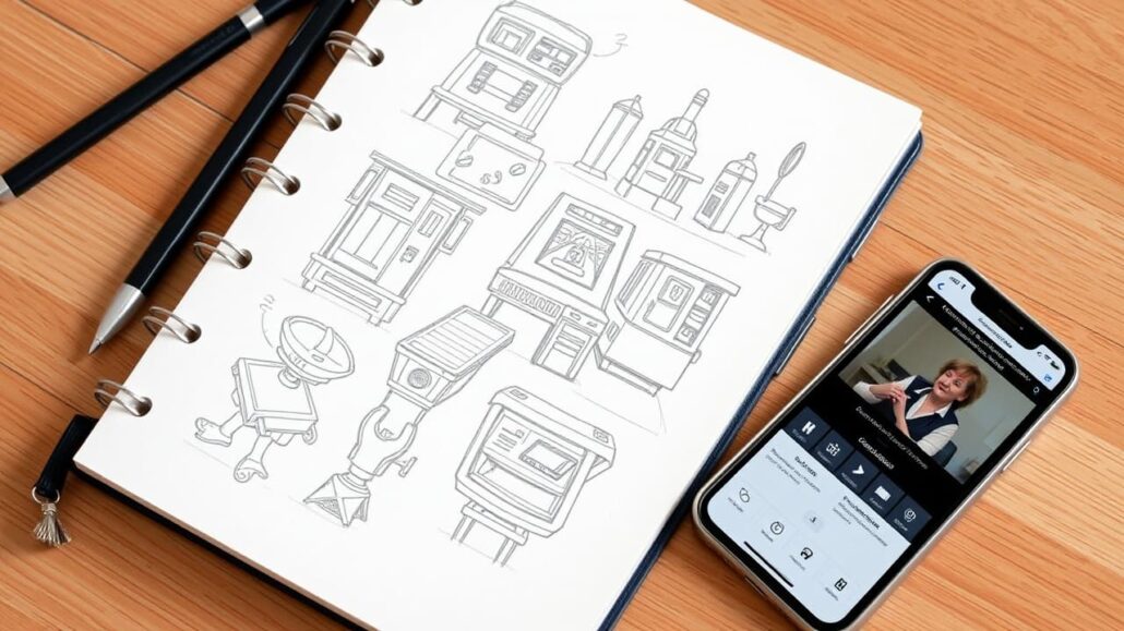 A notebook filled with sketches lies next to a smartphone showing an online class.